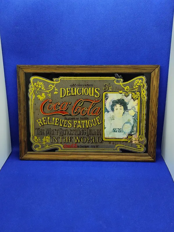 Miroir Coca-Cola Relieves Fatigue 5c Publicité Vintage Cadre Bois Décoration Bistro Brocante