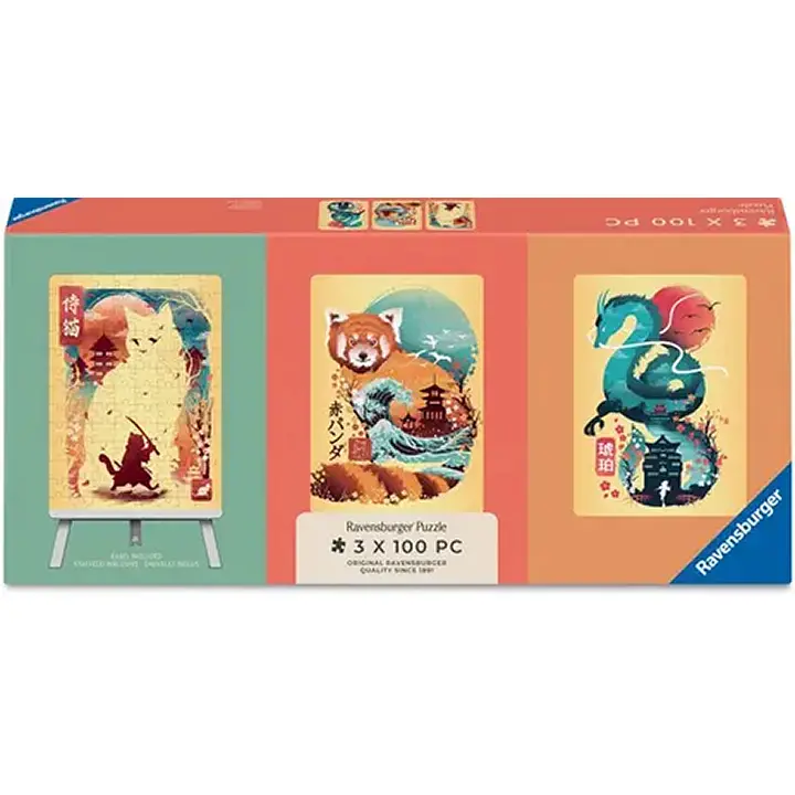 Ravensburger - Chat, Panda Roux et dragon Ukyo-E - 3 puzzles 100 pièces